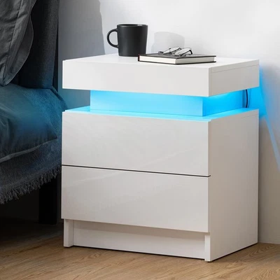 LED Nightstand White With Lights - Modern Night Stand With 2 High Gloss Drawe... - Image 1 of 4