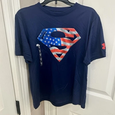 Camiseta Under Armour Superman HeatGear Azul Marino Bandera Americana Talla YL NUEVA CON ETIQUETAS Foto 1 de 4