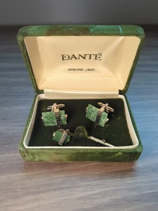 Vintage genuine Jade Cufflinks Tie Tack Set DANTE Cuff Links matching Tie Pin - Picture 1 of 6