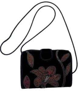 Cartera Bandolera Vintage Terciopelo Negro con Cuentas Florales y Cierre a Presión Usada en Excelente Condición - Imagen 1 de 9