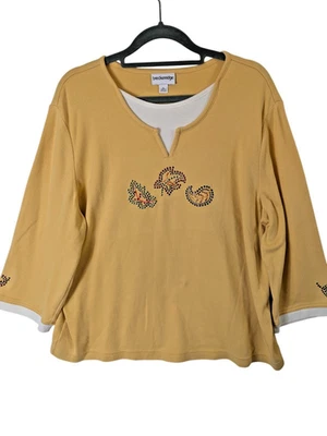 Женский топ Breckenridge размер XL желтый рукав 3/4 с украшенными листьями и осенними стразами - Изображение 1 из 4