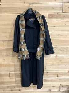 Burberry London Trench Coat Nova Check Liner Black 10 Long W/ Scarf & Collar - Picture 1 of 4