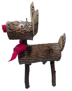 Rustic Wood Christmas Reindeer 12" Tabletop Decor Googly Eyes Red Nose Rudolph - Picture 1 of 6