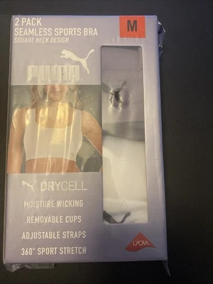 Sutiã esportivo novo com etiquetas Puma 2 peças roxo/branco impacto médio absorção de umidade tamanho M #243C - Imagem 1 de 2