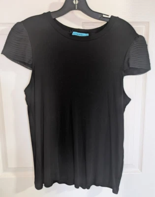Alice + Olivia Black Knit Top w/Pleated Cap Sleeve SZ L Tencel Blouse - Изображение 1 из 4