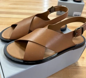 Everlane The City Crossover Sandals sz 9 Desert Tan Leather Ankle Strap Buckle - Picture 1 of 6