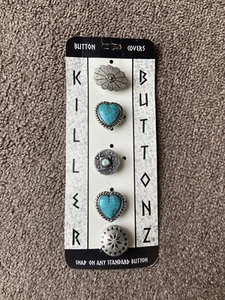 NOS Vintage Killer Buttonz Button Covers 1980s 90s Western Themed Turquoise - Picture 1 of 3