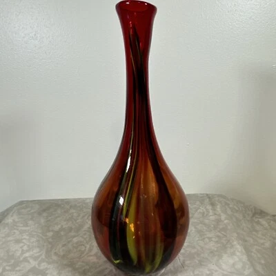 "Jarrón retro Pier 1 rojo de vidrio soplado con remolinos amarillos verdes y negros 14,5""" Foto 1 de 4