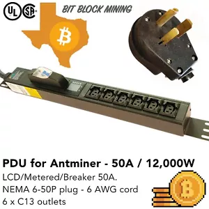 LCD Metered/Breaker Mining PDU 240V 50A Nema 6-50P 6-Port C13 Cord 6.5F long BTC - Picture 1 of 11