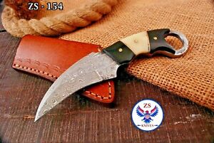 CUSTOM MADE DAMASCUS STEEL BLADE KARAMBIT KNIFE WITH LEATHER SHAETH - ZS 154
