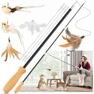 Interactive Cat Teaser Wand Toys 42.15" Long Fishing Pole 2 Wires 5 Refills - Picture 1 of 6