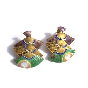Vtg Chinese SILVER Gold Wash Sterling Enamel Cloisonne Articulated Fan Earrings - Picture 1 of 5