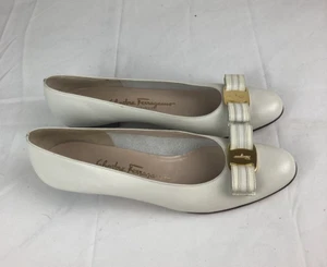 Salvatore Ferragamo Leather Ballet Pump Italy Bow Accent Women Sz. 9AAAA White - Picture 1 of 10