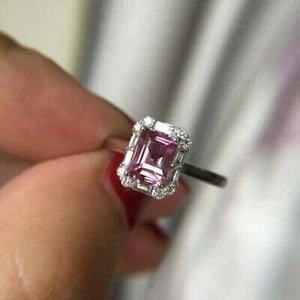 3Ct Emerald Cut Pink Sapphire Simulated Engagement Ring 14K White Gold Finish - Picture 1 of 6