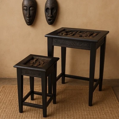 Hand Carved Wood Nesting Tables Set of 2 Balinese Style Floral Relief Design - Image 1 of 4