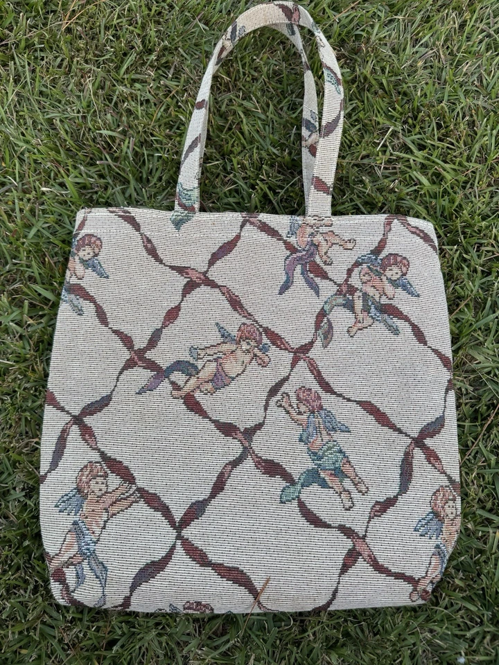 Херувим ангел гобелен холст бежевый сумка с короткими ручками двойной ремни Snap 13 X 13 - Изображение 1 из 4