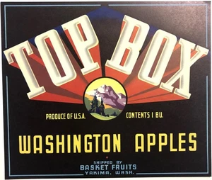 TOP BOX Washington Apples Vintage Crate Label  Basket Fruits Yakima, Washington - Picture 1 of 2