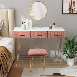 Schminktisch mit Spiegel Hocker Rosa Frisiertisch Kosmetiktisch 3 Schubladen - Bild 1 von 12