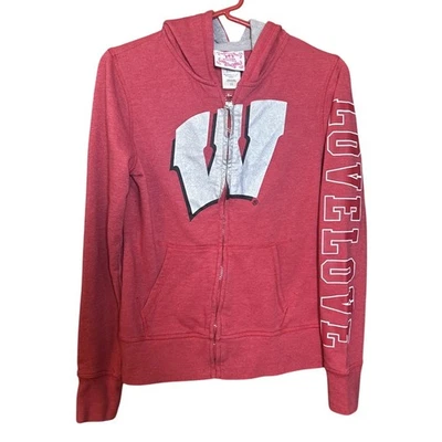 Wisconsin Badgers Girls Hoodie M 7/9 Red Zip Up LOVELOVE Sleeve W Logo NCAA - Image 1 of 4