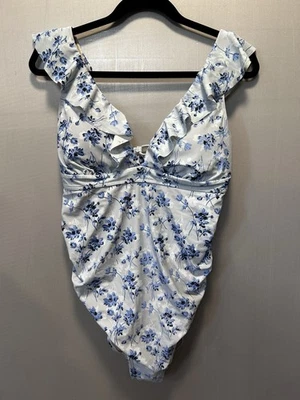 A Pea in the Pod One Piece Maternity Swimsuit Light Blue Floral Ruffle Size M - Image 1 of 4