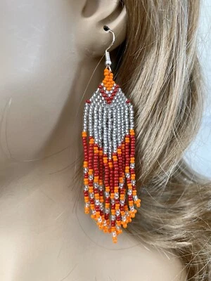 PENDIENTES GANCHO LARGOS HECHOS A MANO ESTILO NATIVO PLATA NARANJA GRANATE E60/39 Foto 1 de 4