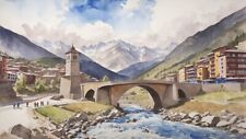 Pont Tibetà de Canillo Andorra Watercolor Painting Country City Art Print