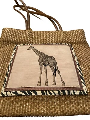 Bolso de mano vintage tejido de mimbre de ratán con ribete de cuero marrón/estampado de cebra jirafa Foto 1 de 4