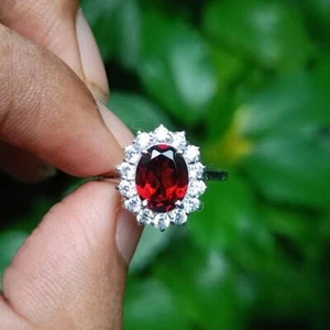 2.52 Ct Garnet & Lab Grown CVD American Diamond Prong Ring 925 Solid Silver - Picture 1 of 5