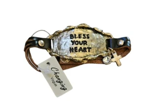 Braun Kunstleder goldfarben Bless Your Heart Adj. Armband Kreuz Strass - Bild 1 von 3