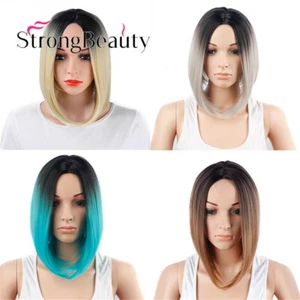 Synthetic Ombre Green Bob Wig Dark Roots Short Straight Hair  Wigs for Women - Picture 1 of 36