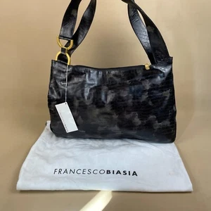Francesco Biasia Shoulder Bag Underarm Handbag Leather Black Side Zip Up Reptile - Picture 1 of 10