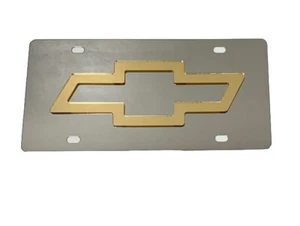 CHEVY Bowtie Silver Mirror Stainless Steel License Plate 3D Raised GOLD Logo - Picture 1 of 2