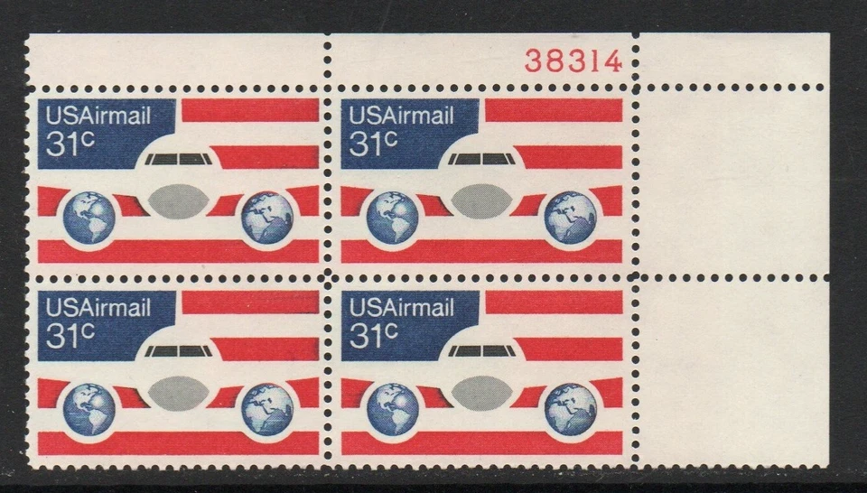 ALLY'S STAMPS US Plate Block Scott #C90 31c Jet & Globes [4] MNH F/VF [STK] - Image 1 of 1