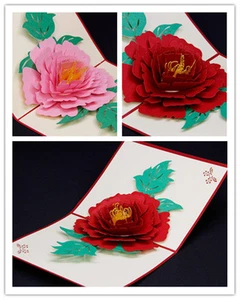 Red/Pink Peony 3D Pop Up Greeting Card Birthday Christmas New Year Valentine's - Picture 1 of 7