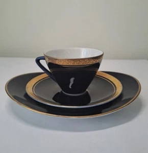 Taza y platillo de porcelana dorada azul cobalto Lomonosov URSS Lfz y plato de postre ovalado - Imagen 1 de 11