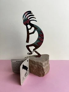 Petroglyph Kokopelli Dancer Art Colorful Multicolor Metal Sculpture Stone Base - Picture 1 of 11