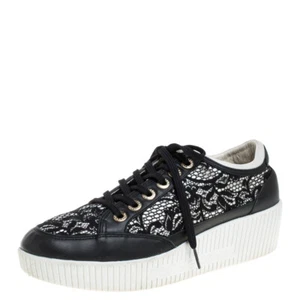 Dolce & Gabbana Black Leather/Lace, and Fabric Wedge Sneakers Size 38.5 - Picture 1 of 8