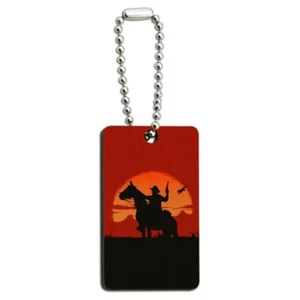 Cowboy on Horse with Red Sunset and Gun Wood Wooden Rectangle Keychain Key Ring - Picture 1 of 3