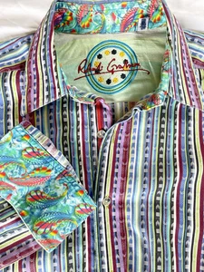 Camicia Robert Graham uomo XL geometrica punte freccia righe polsino ribaltabile bottone conchiglia - Foto 1 di 9