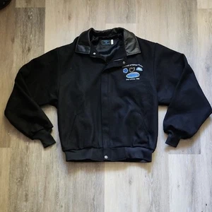 Neu ohne Etikett Retro Y2k UAW 100 % Baumwolle mit Lederkragen Bomber/Carsity-Jacke schwarz Gr. XLT - Bild 1 von 13