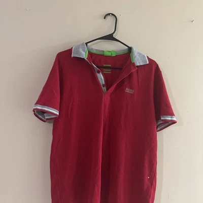 Hugo Boss Men's Red Polo Shirt with Gray Collar and Cuffs - Image 1 of 4