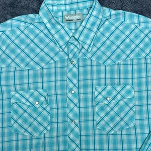 Wrangler Wrancher Button Down Shirt Mens XLT Blue Plaid Pearl Snap Sawtooth - Picture 1 of 8