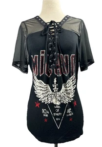 Y2K Charlotte Russe Mesh Lace Up Graphic Top Sz L Goth Grunge Punk Rock - Picture 1 of 9
