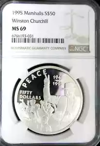 Marshall Islands 1995 Winston Churchill PEACE 1oz 999 Silver $50 NGC PF69 - Picture 1 of 2
