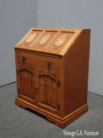 Vintage French Country Tiger Oak Drop Front Desk Secretary Bureau Cover