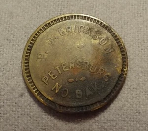 PETERSBURG NO. DAKOTA TOKEN P.J. ERICKSON GOOD FOR 5 CENTS IN TRADE POOL HALL - Picture 1 of 2