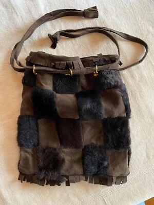 Vintage 1960s hippie Boho genuine suede leather shearling fur drawstring handbag - Image 1 of 4