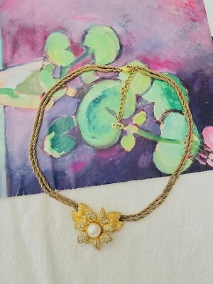 Collar Christian Dior Vintage Años 80 Hoja Floral Perla Cristales Doble Hilos Foto 1 de 4