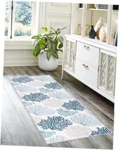 Coastal Runner Rug Beach Hallway Rugs Non-Slip Nautical Machine 2' X 6' Coral - Picture 1 of 7