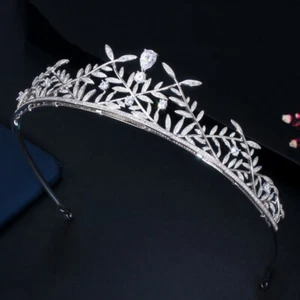 Silver Plated Cubic Zircon CZ Leaf Tiara Hair Band Princess Crown Headband Gift - Picture 1 of 7